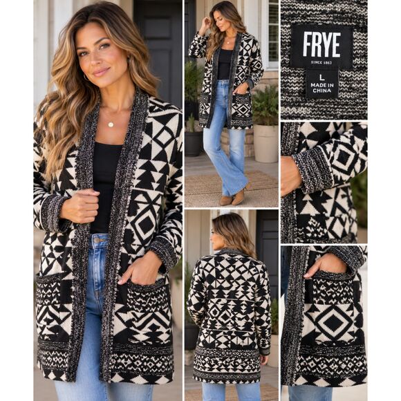 Frye Sweaters - FRYE The Cozy Cardigan L Black Ivory Geometric Southwestern Open Front Sweater